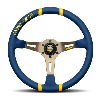 R1911/35MBL Steering Wheel, Drifting 350, 350 mm Diameter, 90 mm Dish, 3-Spoke, Blue Microfiber Grip, Aluminum, Brushed, Each